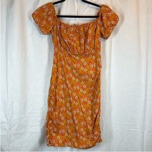 Wayf Off Shoulder Ruched Floral Mini Dress 70s Inspo Orange